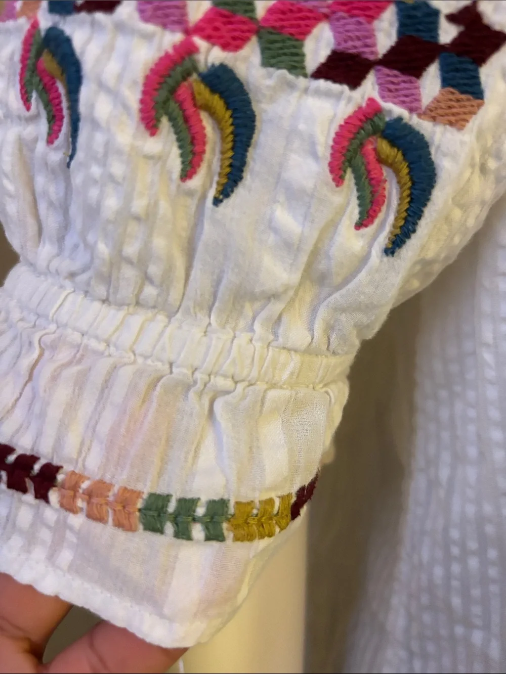 Anthropologie White Off-Shoulder Blouse with Multicolor Embroidery